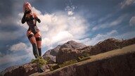 giantess dragon color long_hair buildings desert pink_hair gloves ponytail boots hand fishnets sand clouds outdoors sky black_gloves black_boots semi_nude handled digital_render cleavage_window velocity-vektor