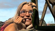 blonde color long_hair blue_eyes glasses smiling mountains clouds outdoors sky snake_girl temple looking_at_tiny highlights digital_render velocity-vektor pink_highlights