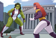 breasts drawing giantess city mega color long_hair butt blue_eyes buildings green_eyes angry gloves green_hair red_hair boots muscles fighting giantesses mask costume new_york_city leotard she_hulk titania green_skin she-hulk marvel_comics caiman2 court_house