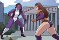 breasts drawing giantess city mega color long_hair butt buildings green_eyes purple_hair angry brunette purple_eyes gloves boots muscles fighting giantesses mask costume new_york_city leotard purple_skin she_hulk titania she-hulk bare_legs marvel_comics caiman2 earth_20052 gammazon court_house