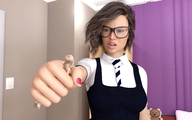 color clothed glasses angry brunette brown_eyes short_hair hand shrunken_woman indoors nail_polish handled looking_at_tiny digital_render aaabbbzzz