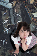 collage city color clothed skirt buildings brunette high_angle asian uniform airplane looking_up outdoors airport aerial_view looking_at_viewer yongdinghe