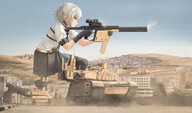 drawing white_hair city color clothed gun skirt buildings desert tank yellow_eyes gloves short_hair boots kneeling town outdoors sky black_gloves black_boots long_boots vector girls_frontline