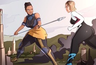 breasts drawing giantess city mega blonde black_hair color large_breasts butt armor destruction blue_eyes clothed buildings angry short_hair jungle fighting giantesses dark_skin smoke outdoors tattoo costume bracelet spear gwen_stacy spider-man marvel_comics armlet spider-gwen caiman2 black_panther shuri wakanda