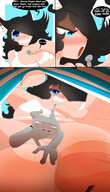 drawing panties comic black_hair color large_breasts futanari penis blue_eyes cleavage huge_breasts cat_ears low_angle smiling hand joke teasing looking_down entrapment nail_polish point_of_view top dialogue striped_panties panty_entrapment handled no_background mspaintgts looking_at_tiny smirking dropping_tiny