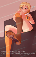 giantess feet blonde clothed shoes brown_eyes socks boots sitting unaware shrunken_woman entrapment under_foot freckles raised_foot dialogue long_socks claudia nauartn heather_mason bare_thighs in_shoes silenthill3 in_boots yellow_socks
