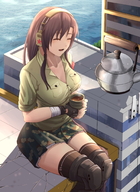 drawing giantess city mega color long_hair destruction clothed cleavage skirt buildings brunette smiling boots sitting headphones tea outdoors camo closed_eyes long_boots cleavage_window girls_frontline gtscommissions kettle sitting_on_buildings