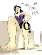 drawing crush feet black_hair color long_hair toes barefoot cleavage purple_eyes domination foot_crush looking_down laughing stairs under_foot corset nail_polish whip leotard hands_on_hips no_background looking_at_tiny bare_legs smirking bubimun bare_thighs erimeinu simle kaylan