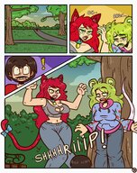 drawing growth tail comic color long_hair clothed cleavage green_eyes cat_ears green_hair red_hair mini_giantess collar giantesses cat_girl clouds outdoors sky choker hoodie mouse_ears cleavage_window bare_midriff ari kal278 saelria otherstrips