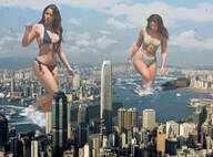 bikini giantess collage giga city color long_hair destruction barefoot cleavage water buildings brunette unknown_artist watch looking_down sunglasses giantesses river boats clouds outdoors sky semi_nude source_needed in_water bare_legs bare_midriff looking_at_tinies bare_thighs