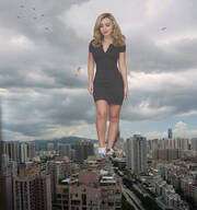 crush collage city blonde color long_hair destruction clothed buildings shoes smiling wonderslug dress foot_crush airplane explosion looking_down jets clouds outdoors sky necklace looking_at_city debris bare_legs looking_at_tinies peyton_list