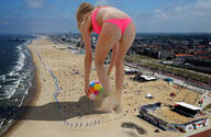 bikini giantess collage city mega blonde color long_hair beach barefoot ocean buildings unknown_artist underboob bending_over sand clouds outdoors sky semi_nude source_needed bare_back bare_legs beach_ball bare_thighs