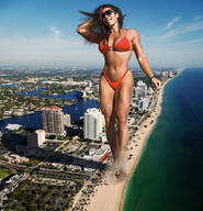 bikini giantess collage giga city color long_hair beach barefoot cleavage ocean buildings brunette smiling unknown_artist walking sunglasses sand clouds sky looking_at_viewer semi_nude source_needed bare_legs bare_midriff bare_thighs