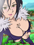 breasts drawing gentle giantess color large_breasts clothed cleavage huge_breasts high_angle brown_eyes smiling boots village shrunken_man mountains clouds outdoors sky aerial_view looking_at_viewer cleavage_window between_breasts the_seven_deadly_sins richthicklines merlin_(seven_deadly_sins) escanor_(seven_deadly_sins)
