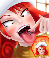 drawing vore color tongue clothed mouth brown_eyes smiling red_hair hand mawshot shrunken_man background indoors licking_lips ace_attorney phoenix_wright imminent_vore on_tongue beret kogochew mimi_miney