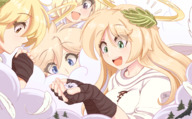 drawing gentle giantess wings angel blonde color long_hair blue_eyes clothed handheld green_eyes purple_eyes yellow_eyes smiling hand looking_down giantesses clouds leaf halo handled feathers looking_at_tiny robes heaven ncmares yohomeboync yohomeboyraps raps tiny_person angels laurels