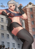 drawing giantess white_hair crush city mega color long_hair clothed handheld cleavage buildings helicopter red_eyes stockings smiling socks nylons looking_down vehicles outdoors sky grey_hair ripped_clothing long_socks handled bare_midriff looking_at_tinies heavy_eyeshadow loona kkasi00 skimpy_clothes bare_thighs helluva_boss thigh-highs leaning_against_buildings the_kakushi human_loona