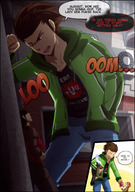 drawing female mega comic color giant male clothed angry brown_eyes short_hair open_mouth pants purse jacket pedestrian mini_giant hoodie dialogue carrying thief speech_bubble incredibleediblecalico human immortal chris_invicta pspmaniac