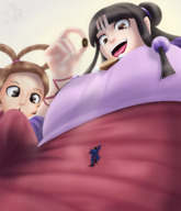 drawing black_hair color climbing brunette brown_eyes shrunken_man giantesses ace_attorney phoenix_wright no_background hair_bun maya_fey pearl_fey kogochew top_knot