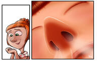 drawing micro comic color clothed green_eyes smiling red_hair short_hair unaware nose flower inhaled no_background nasal_vore nose_hair hair_bun lucy_wilde despicable_me
