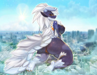 breasts drawing nipples giantess white_hair nude pussy furry macro giga horns tail city color large_breasts butt claws barefoot kneeling fangs monster clouds outdoors sky looking_back bare_butt rear_view monster_hunter scalie looking_at_tiny bare_legs bare_midriff rebrokota amber_eyes bare_thighs bare_paws tempothearcanine zinogre stygian from_rear azure