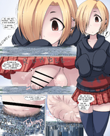 crush micro giga city mega blonde giant male penis ochiko_terada skirt buildings red_eyes short_hair looking_down sweater source_needed looking_at_city one_eye_covered looking_at_tinies penis_crush