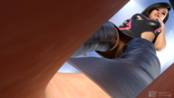 pussy feet upskirt black_hair color clothed toes barefoot skirt red_eyes low_angle smiling looking_down between_toes under_foot point_of_view looking_at_viewer looking_at_tiny digital_render kazumi caroline_drivolt
