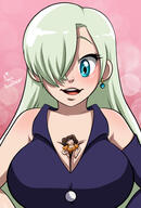 breasts drawing gentle color large_breasts long_hair blue_eyes clothed cleavage huge_breasts smiling green_hair earrings no_background seven_deadly_sins elizabeth_liones one_eye_covered between_breasts diane_(seven_deadly_sins) the_seven_deadly_sins ameliaafterdark connorkenway12345