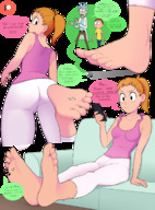 drawing crush feet blonde color clothed toes barefoot soles ponytail sitting foot_crush unaware under_foot top dialogue stuck_to_foot rick_and_morty rick_sanchez summer_smith morty_smith punishedmosquito fourth_wall_break