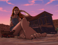 breasts drawing nipples giantess panties feet color long_hair toes barefoot high_heels buildings green_eyes low_angle red_hair sitting vehicles clouds houses outdoors sky white_panties sunset looking_at_viewer jumpsuit vehicle_crush orange_hair bare_legs zopenk picojin skimpy_clothes bare_thighs wrecked_building izabella