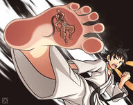 drawing feet black_hair color clothed toes barefoot soles angry brown_eyes short_hair kick street_fighter shrunken_woman raised_foot stuck_to_foot makoto obi thunderafterdark ibuki
