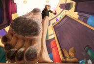 drawing feet color clothed toes barefoot soles low_angle red_hair short_hair foot_crush shorts unaware indoors dirty_soles point_of_view anirusfere stuck_to_foot buggysplat bare_legs abigail