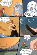 breasts drawing giantess mega comic color large_breasts long_hair armor blue_eyes cleavage green_eyes gloves red_hair mini_giantess boots kick muscles football costume top dialogue x-men leaning_forward helmet emma_frost looking_at_tiny football_field jean_grey cleavage_window mary_jane bare_legs spider-man marvel_comics goal sport_stadium bare_midriff caiman2 earth_20052 juggernaut fist_bump