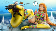 drawing giantess feet color long_hair futanari penis toes socks clouds sky orange_eyes earrings semi_nude orange_hair footheld genshin_impact toeheld majoumegami nolae77 yellow_socks kazuha penis_ring