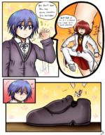 drawing comic color blue_eyes blue_hair shoes in_shoe short_hair hand dropped dialogue handled no_background looking_at_tiny majoumegami deadpoolsaint