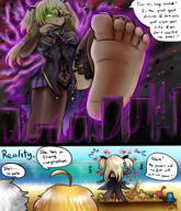 drawing giantess white_hair feet city blonde color long_hair clothed beach toes barefoot buildings soles sand outdoors sky nail_polish raised_foot dialogue eyepatch one_eye_covered genshin_impact majoumegami fischl