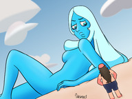 drawing giantess white_hair nude color long_hair blue_eyes barefoot topless lying_down blue_skin looking_down clouds outdoors sky sideboob bare_butt looking_at_tiny bare_back steven_universe bare_legs blue_diamond bare_midriff greg_universe bare_thighs siriusdei cartoon_network