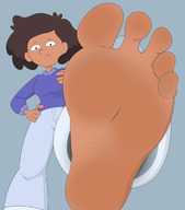 breasts drawing feet color clothed toes barefoot soles brunette low_angle short_hair foot_crush pants dark_skin under_foot milf disney point_of_view earrings raised_foot hands_on_hips imminent_crush no_background rtuenuik2 amphibia oum_boonchuy