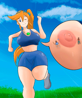 breasts drawing nipples giantess blonde color large_breasts long_hair blue_eyes clothed shoes sweat smiling red_hair ponytail shorts unaware running shrunken_woman shrunken_man grass clouds outdoors sky necklace looking_at_viewer ace_attorney winking bare_legs trucy_wright apollo_justice athena_cykes bare_midriff clothing_entrapment girlskando instant_mistake