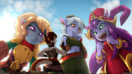 drawing gentle giantess white_hair tail anthro size_difference mega blonde color long_hair clothed buildings green_eyes purple_hair purple_eyes low_angle multiple_sizes yellow_eyes smiling short_hair mini_giantess twintails blue_skin village looming fangs giantesses clouds sky hat lulu league_of_legends yordle tristana pointed_ears bare_midriff made-in-donuts pahyula heart_pupils poppy heart_eyes