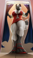 drawing micro furry wolf tail anthro tiger color toes cleavage high_heels yellow_eyes smiling shrunken dress sandals muscles shrunken_person corset ankle_bracelet necklace bare_legs made-in-donuts unaware_giantess microfan iridium midriff_window inodoor