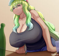breasts drawing giantess color large_breasts cleavage green_eyes huge_breasts yellow_eyes green_hair table yellow_hair shrunken_man indoors top heterochromia highlights elma miss_kobayashis_dragon_maid tohru kentaryu lucua