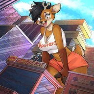 breasts drawing gentle giantess furry macro horns anthro city mega black_hair color cleavage buildings low_angle smiling short_hair shorts clouds outdoors waitress sky antlers shirt top pizza deer restaurant bare_legs lotus bare_midriff heavy_eyeshadow doe sizesnep lotus_lafawn stag amber_eye