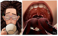 drawing comic color tongue mouth glasses saliva mawshot drink unaware coffee closed_eyes gwen_stacy spider-man marvel_comics saliva_strands spider-gwen spider-verse kisparlius olivia_octavius