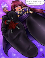 drawing panties feet upskirt color long_hair clothed stockings purple_eyes low_angle smiling socks red_hair foot_crush looking_down under_foot nylon nail_polish point_of_view thigh_highs looking_at_viewer smothering dialogue purple_panties black_socks majoumegami kaecien