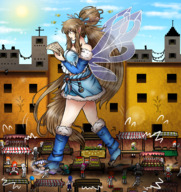 drawing giantess crush wings city mega color long_hair destruction clothed skirt green_eyes fairy brunette foot_crush clouds outdoors sky pointed_ears hair_bun karasize majoumegami buildngs