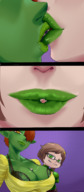 breasts drawing comic color large_breasts clothed mouth cleavage glasses huge_breasts brunette mouthplay yellow_eyes smiling lips red_hair short_hair kissing lesbians lipstick no_background green_skin pointed_ears viruslex one_eye_covered between_breasts kerbgonherb taiyo_hiku terra green_lipstick