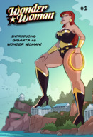 drawing giantess crush mega color long_hair armor destruction blue_eyes cleavage ocean high_heels island giganta red_hair ponytail boots clouds outdoors sky wonder_woman boot_crush earrings leotard black_boots bracelet dialogue tiara lasso temple dc_comics bare_legs caiman2 fusion hand_on_knee bare_thighs themiscyra wonder_giganta