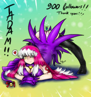 drawing panties color long_hair cleavage yellow_eyes smiling socks pink_hair gloves shrunken_woman tattoo looking_at_viewer semi_nude long_socks striped_panties black_socks bell winking no_background highlights cleavage_window raised_butt white_highlights majoumegami purple_gloves jackopose