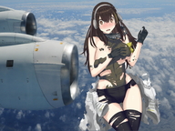 blushing color long_hair drawing_collage brunette surprised airplane headphones women clouds sky ripped_clothing m4a1 frontline giantessgirl37